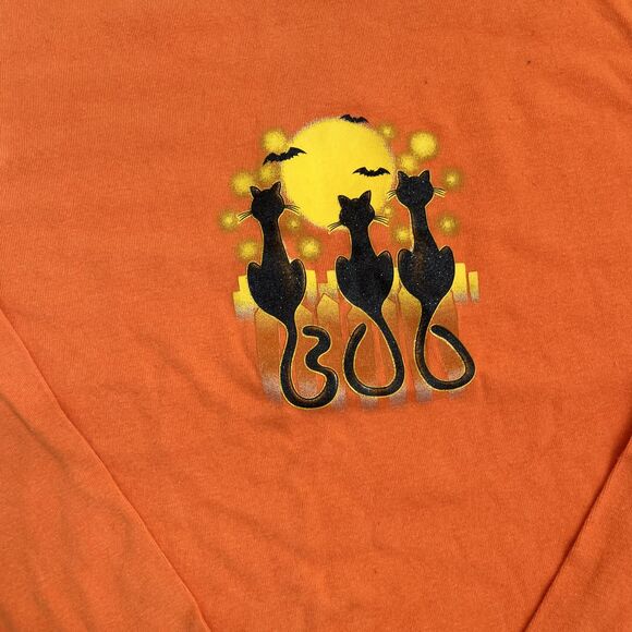 Halloween T-Shirt 2X Orange and Black Cats Moon Vintage Long Sleeve Spooky - Picture 2 of 7